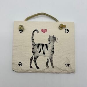 Tabby Cat Wall Hanging Small Sign Gray White Pawprints Heart Art Pet Home Decor